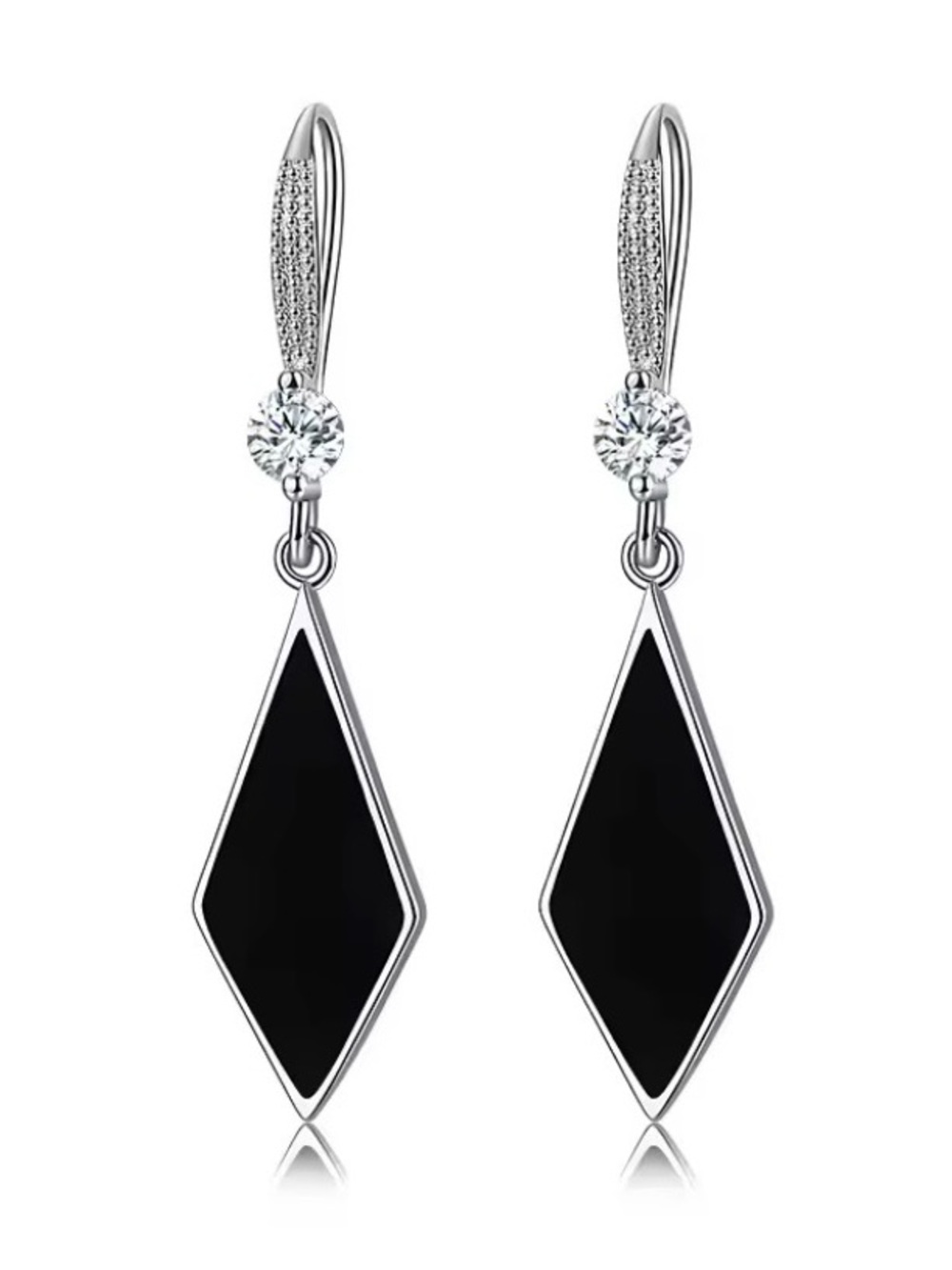 Sterling Silver Needle Black Rhombs Dangler Zircon Drop Earrings